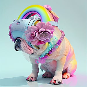 Fashionable bulldog wearing VR headset in fairy kei style