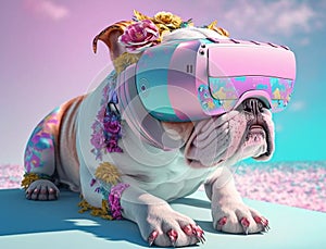 Fashionable bulldog wearing VR headset in fairy kei style