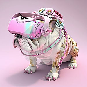 Fashionable bulldog wearing VR headset in fairy kei style