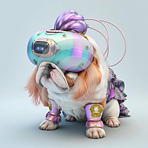 Fashionable bulldog wearing VR headset in fairy kei style