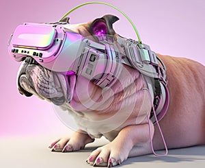 Fashionable bulldog wearing VR headset in fairy kei style