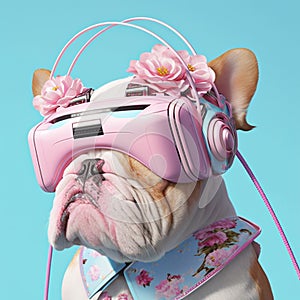 Fashionable bulldog wearing VR headset in fairy kei style