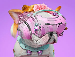 Fashionable bulldog wearing VR headset in fairy kei style