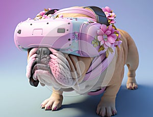 Fashionable bulldog wearing VR headset in fairy kei style