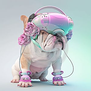 Fashionable bulldog wearing VR headset in fairy kei style