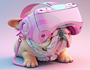 Fashionable bulldog wearing VR headset in fairy kei style