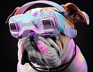 Fashionable bulldog wearing VR headset in fairy kei style