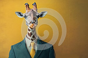 Fashionable Business suit giraffe head. Generate Ai