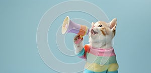 Fashionable cat announcing using megaphone. Notifying, warning, announcement
