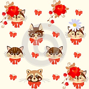 Fashionable cats and raccoon. Charming mustachioed faces. Infinite fabric print for baby