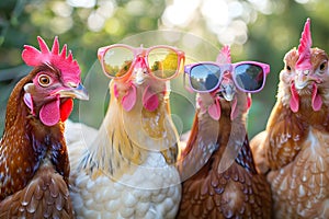 Fashionable chickens wearing sunglasses outdoors