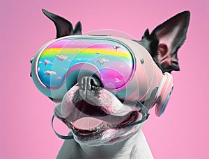 Fashionable chihuahua dog wearing VR headset in fairy kei style