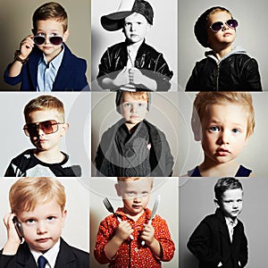 Fashionable child.handsome little boy.Beauty color collage