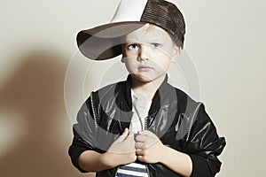 Fashionable Child.stylish little boy in tracker Cap.fashion children