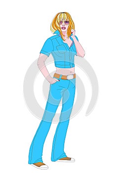 Fashionable city girl in denims blu suit and glasses.vector illustration