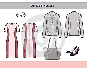 Fashionable clothes for the office. Woman`s suit for office. Dress and jacket