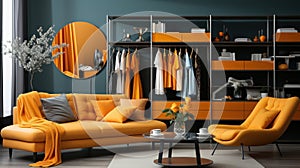 fashionable clothes on a rack in a bright interior of the wardrobe room