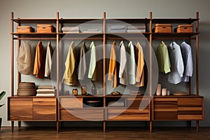 fashionable clothes on a rack in interior of the wardrobe room