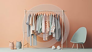 Fashionable clothing collection hanging in modern domestic room closet generated by AI