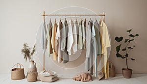 Fashionable coathanger collection hanging in modern closet generated by AI photo