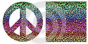 Fashionable colorful seamless background and hippie peace symbol with leopard print. Fashion design for textile, wallpaper, t shir