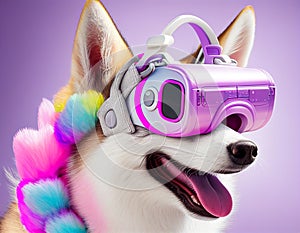 Fashionable corgi dog wearing VR headset in fairy kei style