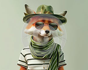 Fashionable dandy fox with stylish neck scarf, sunglasses and fedora hat, concept of style and humor.