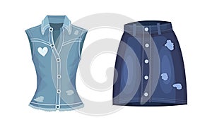 Fashionable denim clothes set. Blue jean vest and skirt female casual outfit vector illustration