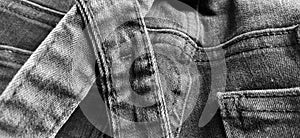 Fashionable denim clothing. Details and seams on rough denim. Black and white photography