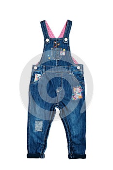 Fashionable denim overalls for a baby girl with floral patterns