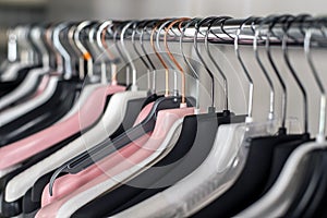 Fashionable different types of hanger. Many plastic hangers on a rod on the rail, in the shop in a clothing store.