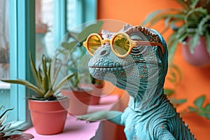 Fashionable Dinosaur Toy With Pink Sunglasses Against a Colorful Striped Background