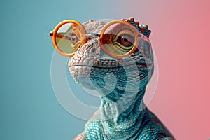 Fashionable Dinosaur Toy With Pink Sunglasses Against a Colorful Striped Background