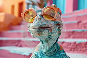 Fashionable Dinosaur Toy With Pink Sunglasses Against a Colorful Striped Background