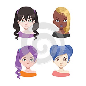 Fashionable diverse women avatars with different hair colors