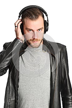 Fashionable DJ in leather jacket