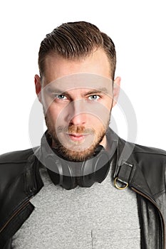 Fashionable DJ in leather jacket