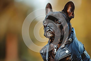 Fashionable dog in leather jacket encourages pet ownership with confidence boost. Concept Fashion, photo