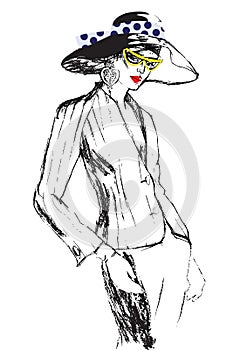 Fashionable elegant woman in a suit and hat in glasses gloves on a colored background.vector illustration