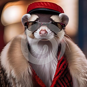 A fashionable ferret in a fur coat and sunglasses, strutting down a red carpet4