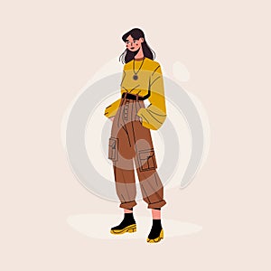 Fashionable flat girl. Young trendy women in stylish casual hipster clothes, trendy fashionista character, social media