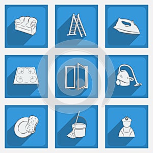 Fashionable flat icons with long shadows cleaning theme on a blue background.