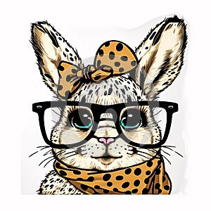 Fashionable Fluffy Bunny: Leopard Bandana and Glasses Ensemble AI Generated
