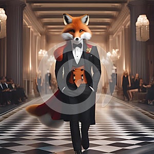 A fashionable fox in designer attire, strutting down a fashion runway1