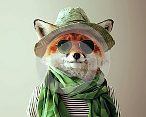 Fashionable fox with sunglasses and hat, concept of style and humor.