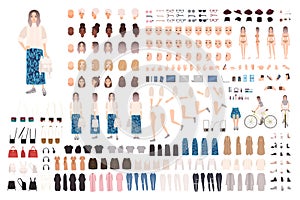 Fashionable girl animation kit or DIY set. Bundle of body parts, clothes and accessories. Trendy street style outfit