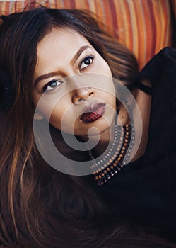 Fashionable girl, Beautiful girl in black vintage dress and hand glove with Red lips. Woman in retro dress. Retro fashion.