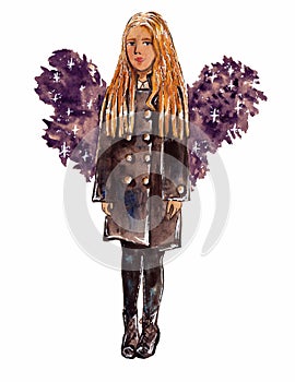 Fashionable girl with blond hair and purple star wings