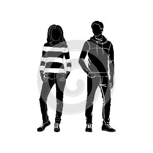 Fashionable girl and guy vector. Fashion. Man and woman silhouette vector. Fashionable young couple. Girl in jeans and jumper. Guy