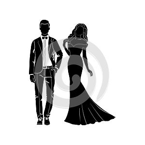 Fashionable girl and guy vector. Fashion. Man and woman silhouette vector. Fashionable young couple. Girl in a long evening dress.